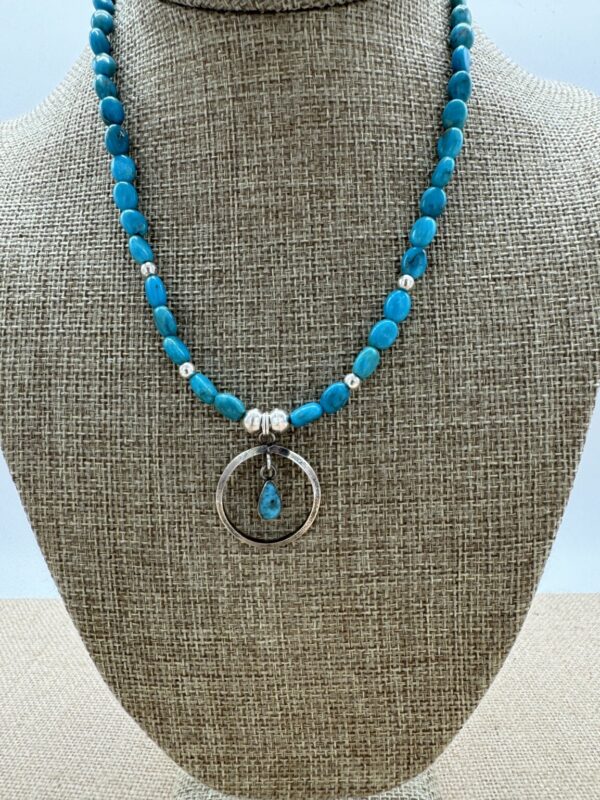 Product Image: Necklace” Sky Blue Turquoise 5X7mm oval 1″ Sterling Circle Drop 17″ + 2″ Sterling Extender Chain