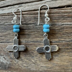 Product Image: Earrings: Zia Sun Sterling Silver ¾” Turquoise Roundels on French Wire 2″ Length