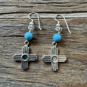 Product Image: Earrings: Zia Sun Sterling Silver ¾” Turquoise Round Bead French Wire 2″ Length