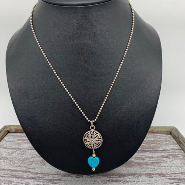 Product Image: Pendant: Turquoise Heart, Filigree Sterling Dome, Sterling 3 mm Ball Chain 17″ Drop 2″