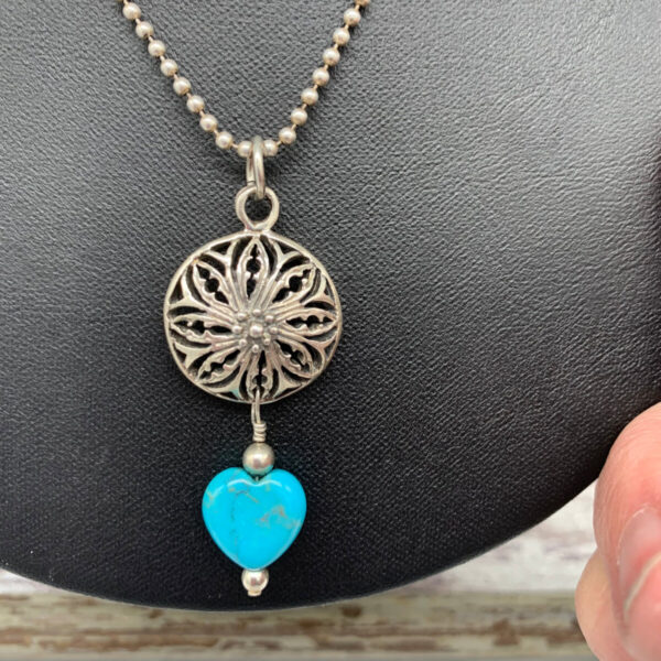 Product Image: Pendant: Turquoise Heart, Filigree Sterling Dome, Sterling 3 mm Ball Chain 17″ Drop 2″