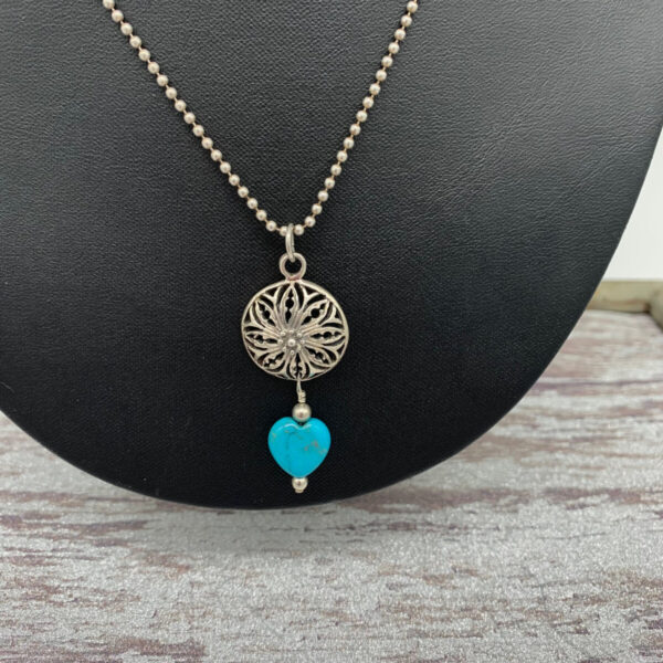 Product Image: Pendant: Turquoise Heart, Filigree Sterling Dome, Sterling 3 mm Ball Chain 17″ Drop 2″