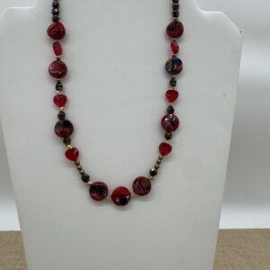 Product Image: Necklace: Heart Red Faceted Glass, Golden Accents, Heart Clasp 18″ + extender