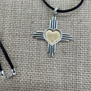 Product Image: Pendant: Heart Zia Four Directions Sterling Silver Gold Leaf Center on 20″ Cotton Chord