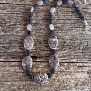 Product Image: Necklace: Jasper Artistic 35 mmX 25 mm Ovals, Moonstone, Matt Onyx, Volcanic Stone, 26″ + 2 ” Extender Chain