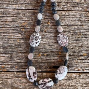 Product Image: Necklace: Jasper Artistic 35 mm X 25 mm Ovals, Moonstone, Matt Onyx, 20″ + 2″ Sterling Extender Chain