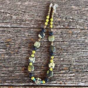 Product Image: Necklace: Jasper Yellow Green Grey Flecks 15 mm Square, Turquoise, Volcanic Black, Czech Glass Bead Accents 18″ + 2″ Sterling Extender Chain ,