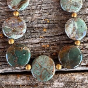 Product Image: Necklace: Jasper Desert Green Brown 25 mm Flat Rounds, 8 X 10 mm Barrel Beads, Czech Glass Accents, 18″ + 2″ Sterling Extender Chain