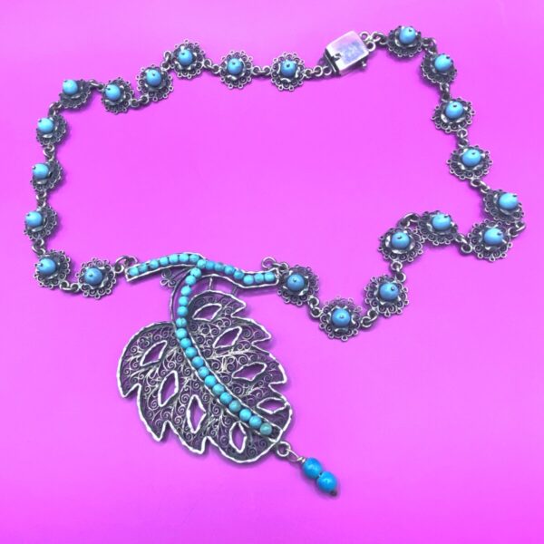 Product Image: Oaxacan vintage Silver filigree necklace with turquoise circa 1960