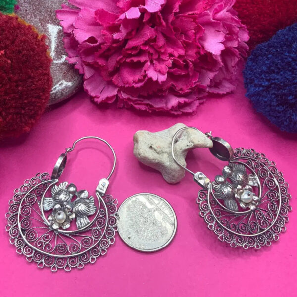Product Image: Vintage type Oaxacan arracada filigree earrings with flowers and doves, pearls