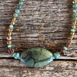 Product Image: Necklace: Jasper Green Speckled 43 X 25 mm Oval, Jasper, Czech Glass Accents 17″ + 2″ Sterling Extender Chain