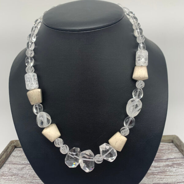 Product Image: Necklace: Quartz Crystal Faceted, Nuggets, Frosted Twists, Cracked Glass, Satin Silver Spacers,Aysemetrical 18″+2″ Extender Chain