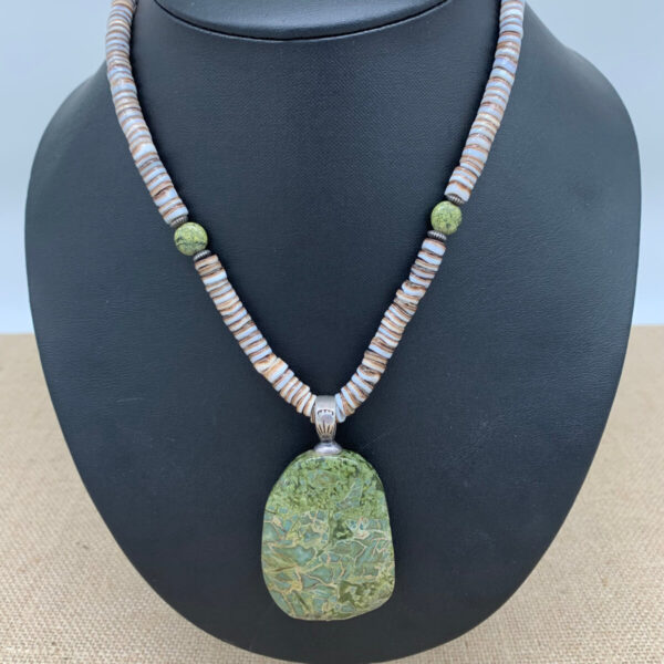 Product Image: Necklace: Olive Shell Heishi, Serpentine Beads & Pendant, Sterling Bail, Clasp 16″+2″ Extender Chain