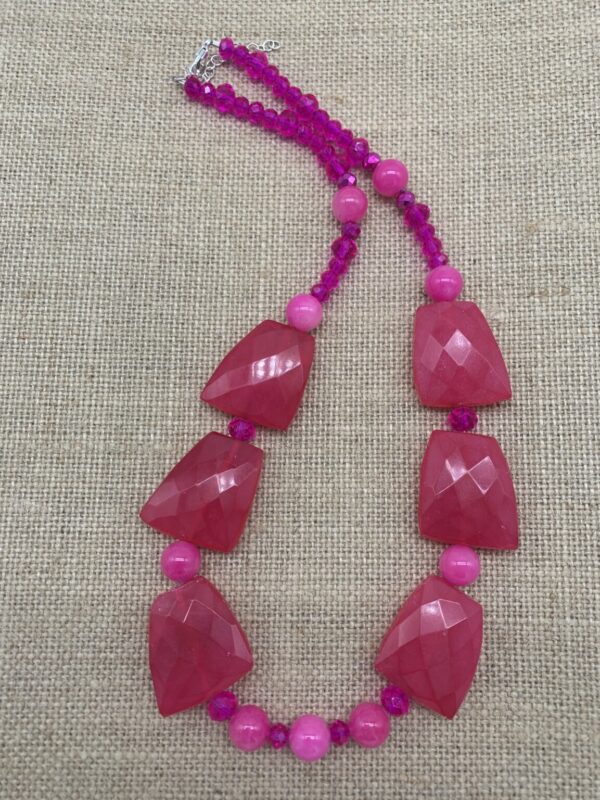 Product Image: Necklace: Pink Dyed Quartz Faceted Slabs, Glass Beads, 19″+2″ Sterling Extender Chain