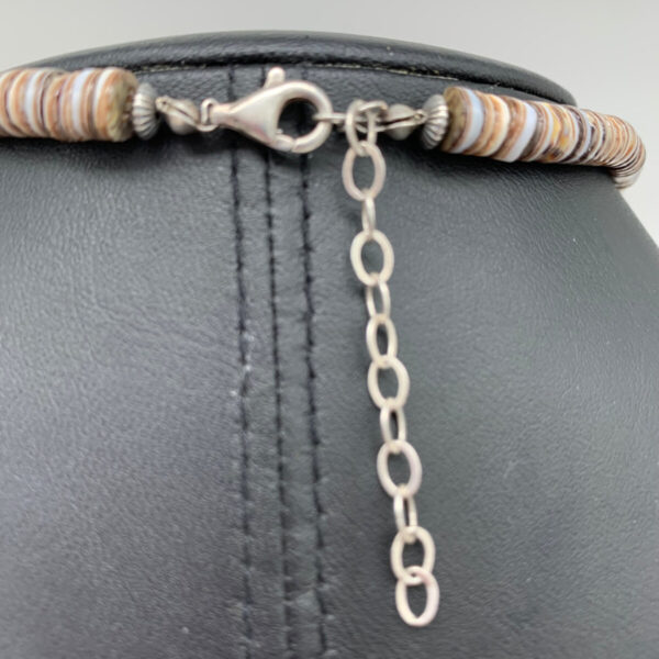 Product Image: Necklace: Olive Shell Heishi, Serpentine Beads & Pendant, Sterling Bail, Clasp 16″+2″ Extender Chain