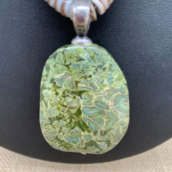 Product Image: Necklace: Olive Shell Heishi, Serpentine Beads & Pendant, Sterling Bail, Clasp 16″+2″ Extender Chain