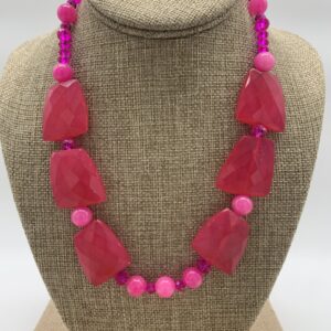 Product Image: Necklace: Pink Dyed Quartz Faceted Slabs, Glass Beads, 19″+2″ Sterling Extender Chain