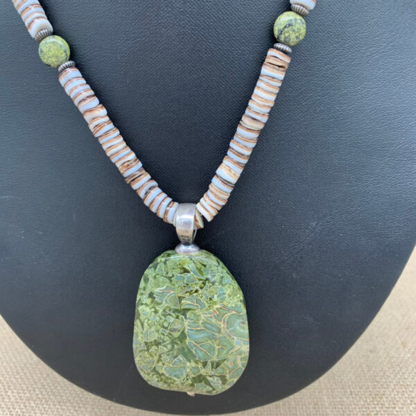 Product Image: Necklace: Olive Shell Heishi, Serpentine Beads & Pendant, Sterling Bail, Clasp 16″+2″ Extender Chain