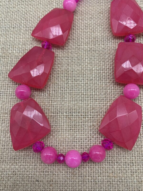 Product Image: Necklace: Pink Dyed Quartz Faceted Slabs, Glass Beads, 19″+2″ Sterling Extender Chain