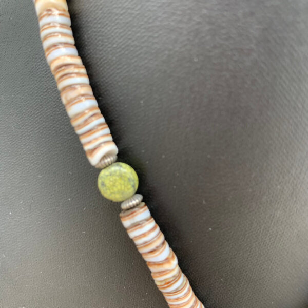 Product Image: Necklace: Olive Shell Heishi, Serpentine Beads & Pendant, Sterling Bail, Clasp 16″+2″ Extender Chain