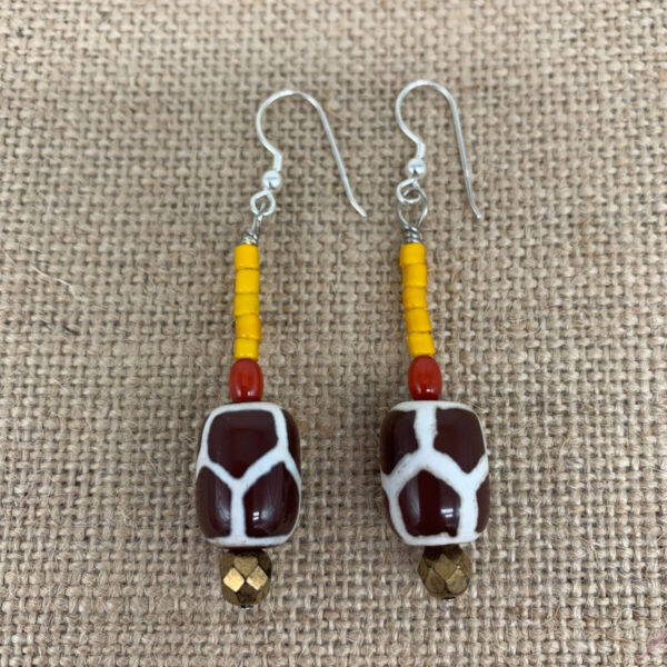 Product Image: Earrings: Carnelian Giraffe Painted, Red Coral, Vintage Yellow White Hearts, Sterling Wires 2″
