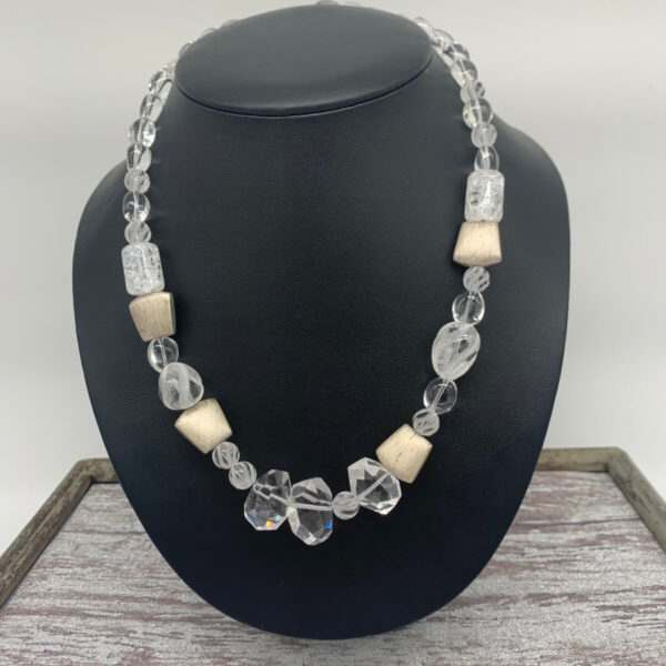 Product Image: Necklace: Quartz Crystal Faceted, Nuggets, Frosted Twists, Cracked Glass, Satin Silver Spacers,Aysemetrical 18″+2″ Extender Chain