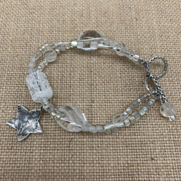 Product Image: Bracelet: Quartz Crystal Frosted, Cracked, Seed Beads, Sterling Star, Squares & Toggle Clasp Fits 7 ½ – 8 ½ “