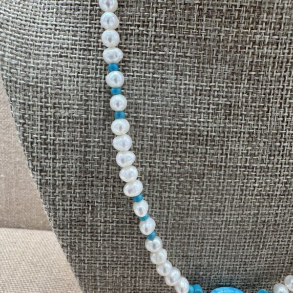 Product Image: Necklace: Turquoise 9mmX14mm oval 6mm Hearts & Cultured Pearls, Sterling Clasp 19″+2″ extender chain