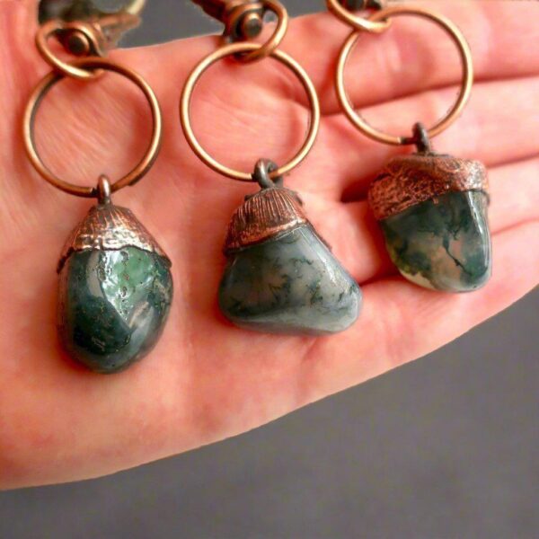Product Image: Handmade Moss Agate Keychain in Electroformed Copper Charm for Prosperity