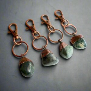 Product Image: Handmade Moss Agate Keychain in Electroformed Copper Charm for Prosperity