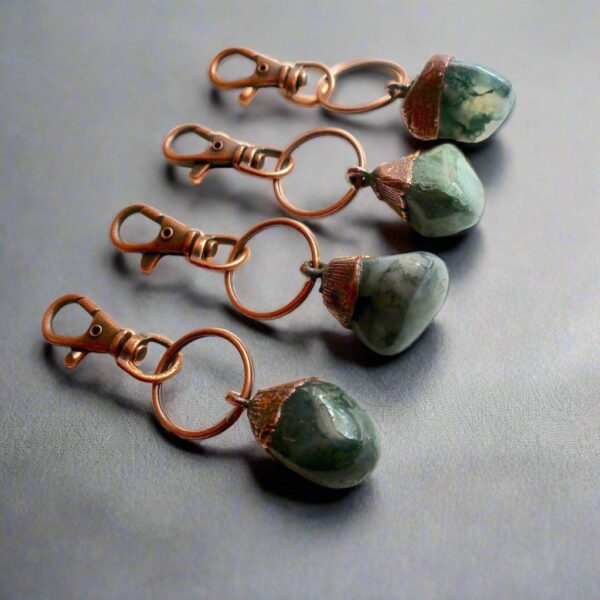 Product Image: Handmade Moss Agate Keychain in Electroformed Copper Charm for Prosperity