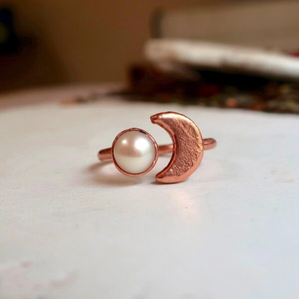 Product Image: Pearl Crescent Moon Open Ring in Unique Copper Design