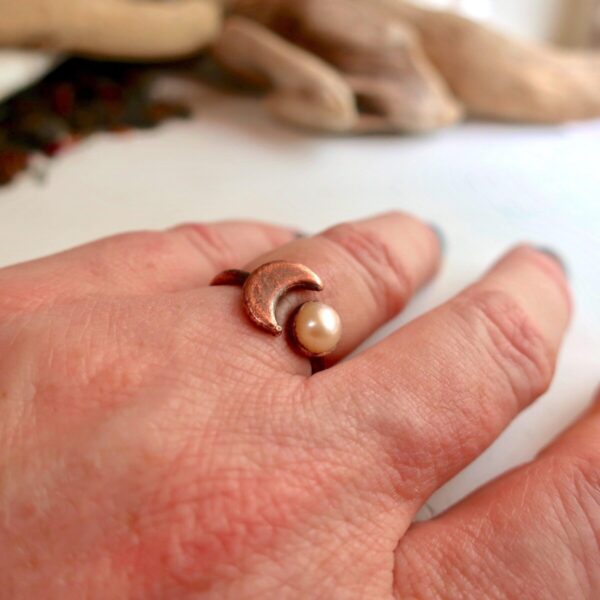 Product Image: Pearl Crescent Moon Open Ring in Unique Copper Design