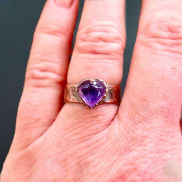 Product Image: Amethyst Heart Wide Band Electroformed Copper Ring Gift for Healing