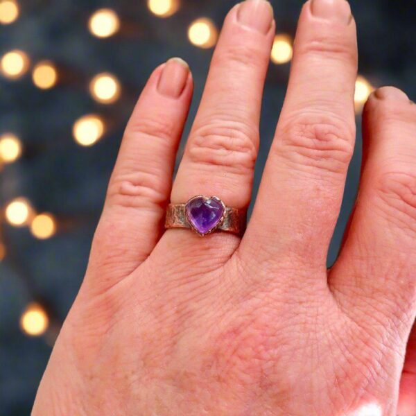 Product Image: Amethyst Heart Wide Band Electroformed Copper Ring Gift for Healing