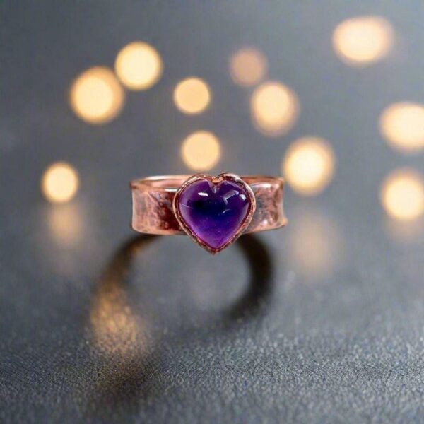 Product Image: Amethyst Heart Wide Band Electroformed Copper Ring Gift for Healing