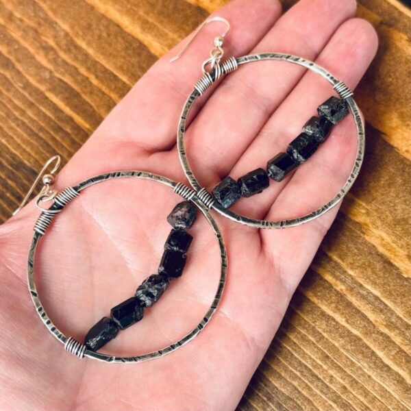 Product Image: Sterling Silver Hoop Earrings with Black Tourmaline Charm for Protection