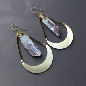 Product Image: Quartz Point and Brass Crescent Moon Earrings for Healing