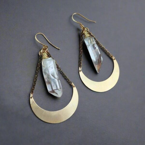 Product Image: Quartz Point and Brass Crescent Moon Earrings for Healing