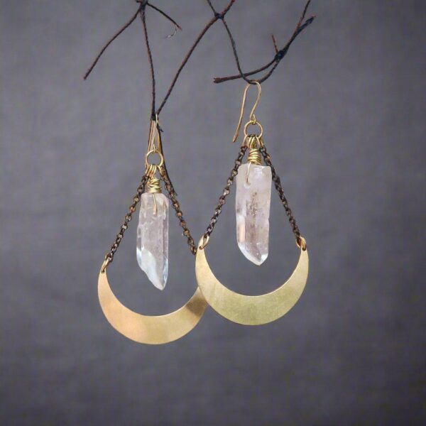 Product Image: Quartz Point and Brass Crescent Moon Earrings for Healing