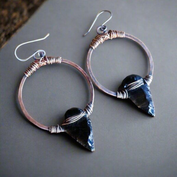 Product Image: Black Obsidian Arrowheads on Copper Hoops Earrings