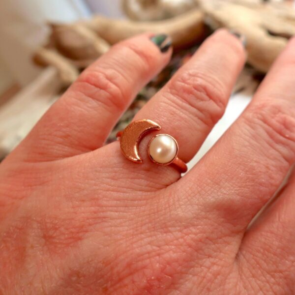 Product Image: Electroformed Copper Ring With Pearl and Crescent Moon Charm