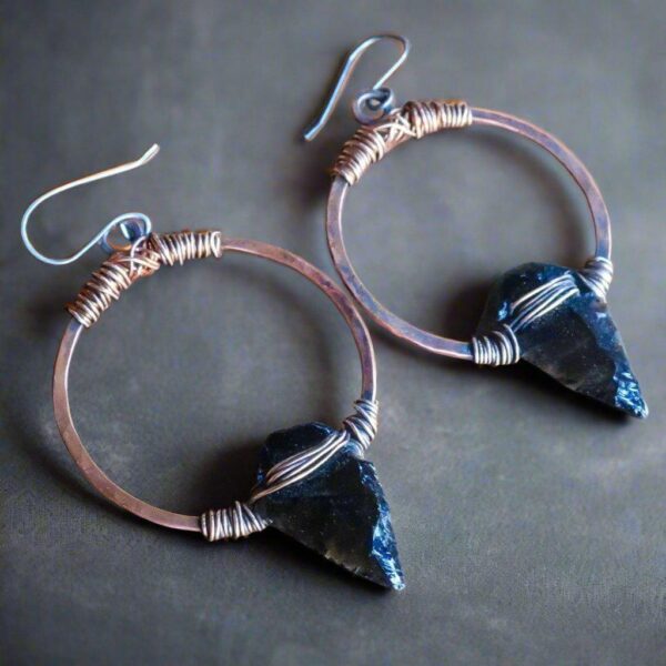 Product Image: Black Obsidian Arrowheads on Copper Hoops Earrings