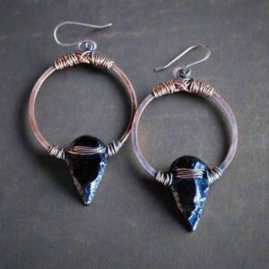 Product Image: Black Obsidian Arrowheads on Copper Hoops Earrings