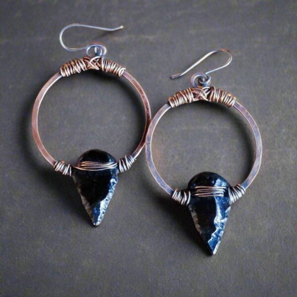 Product Image: Black Obsidian Arrowheads on Copper Hoops Earrings