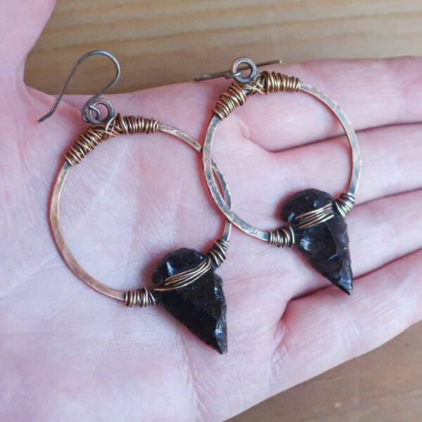 Product Image: Black Obsidian Arrowheads on Copper Hoops Earrings