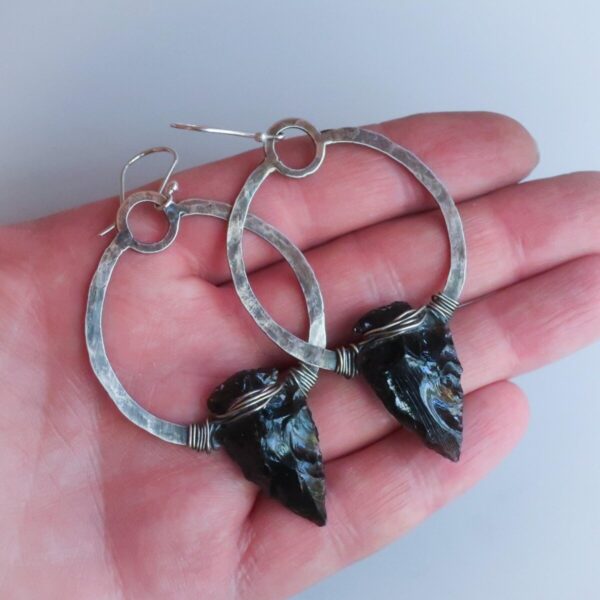 Product Image: Black Obsidian Earrings in Sterling Silver Hoop Design for Strength