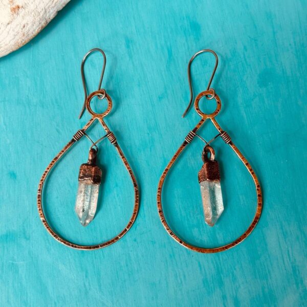 Product Image: Handcrafted Quartz Point Earrings with Copper Hoops
