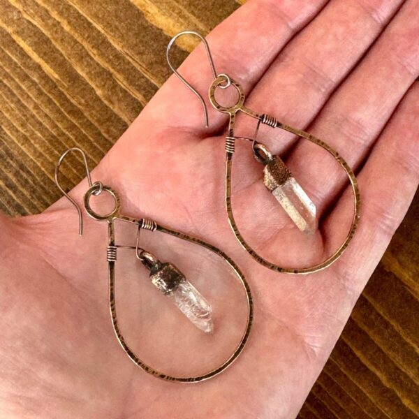 Product Image: Handcrafted Quartz Point Earrings with Copper Hoops