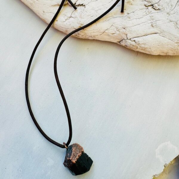 Product Image: Raw Black Tourmaline Necklace with Copper Leather Pendant for Protection